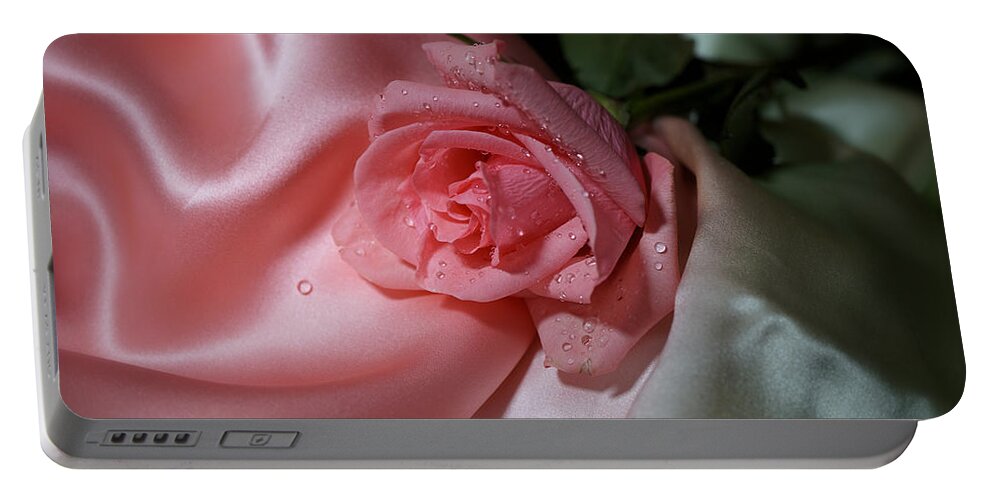 Rose Portable Battery Charger featuring the photograph Pink Rose on the silk by Lilia D