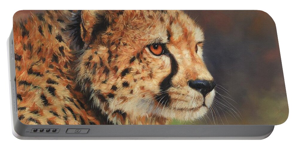 Cheetah Portable Battery Charger featuring the painting Portrait of a Cheetah #1 by David Stribbling