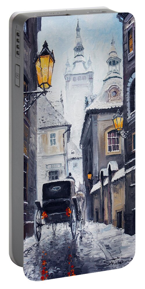 Oil Portable Battery Charger featuring the painting Prague Old Street 02 #1 by Yuriy Shevchuk