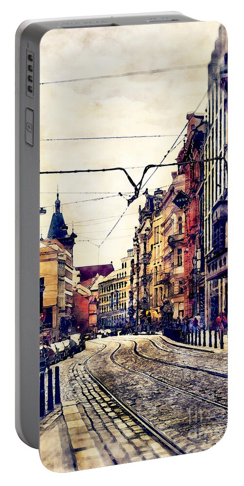 Prague Portable Battery Charger featuring the painting Prague street watercolor #1 by Justyna Jaszke JBJart