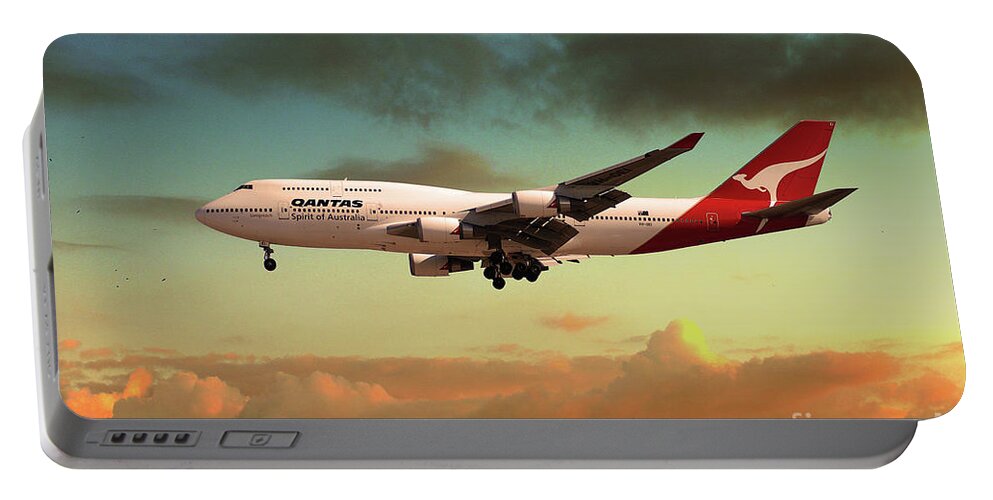 Qantas Portable Battery Charger featuring the digital art Qantas Boeing 747 by Airpower Art