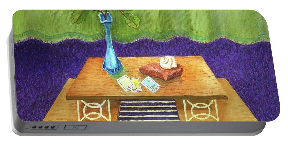 Coffee Table Portable Battery Charger featuring the mixed media Renters Roses and Tarot #1 by Minaz Jantz