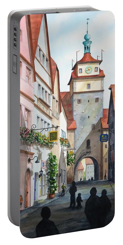 Tower Portable Battery Charger featuring the painting Rothenburg Tower by Joseph Burger