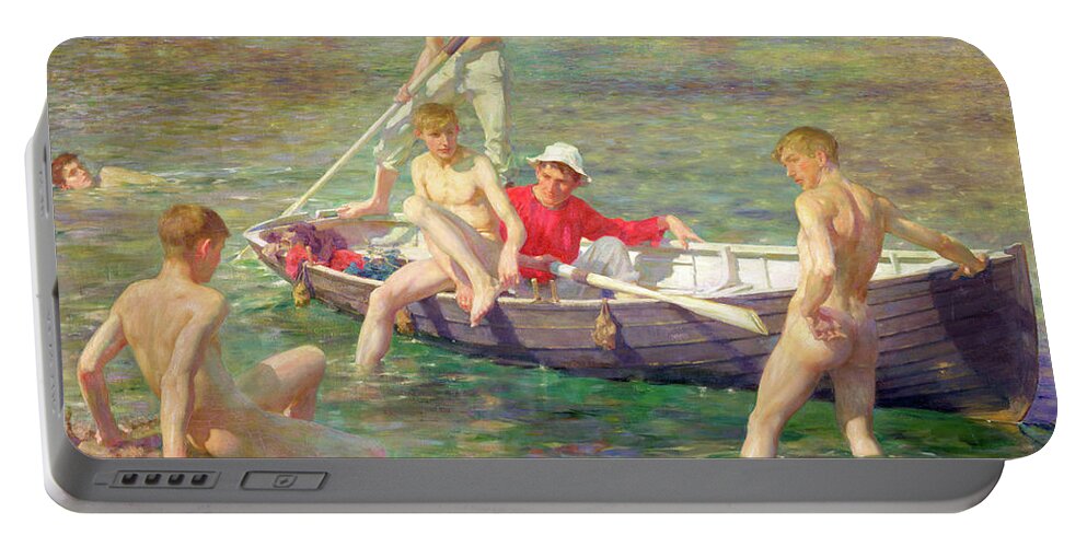 Henry Scott Tuke Portable Battery Charger featuring the painting Ruby Gold and Malachite by Henry Scott Tuke