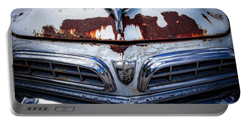 Car Photograph Junk Rust Classic Car Photographer Best Car Photography Automotive Transportation Car Photos Abstract Car Detail Vintage Drag Cars Collector Cars Emblems Car Emblem Signs Neon Buildings Portable Battery Charger featuring the photograph Rusty #1 by Jerry Golab