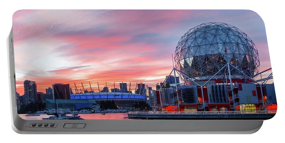 Canada Portable Battery Charger featuring the photograph Science World and BC Place Stadium at Sunset. Vancouver, BC by Rick Deacon