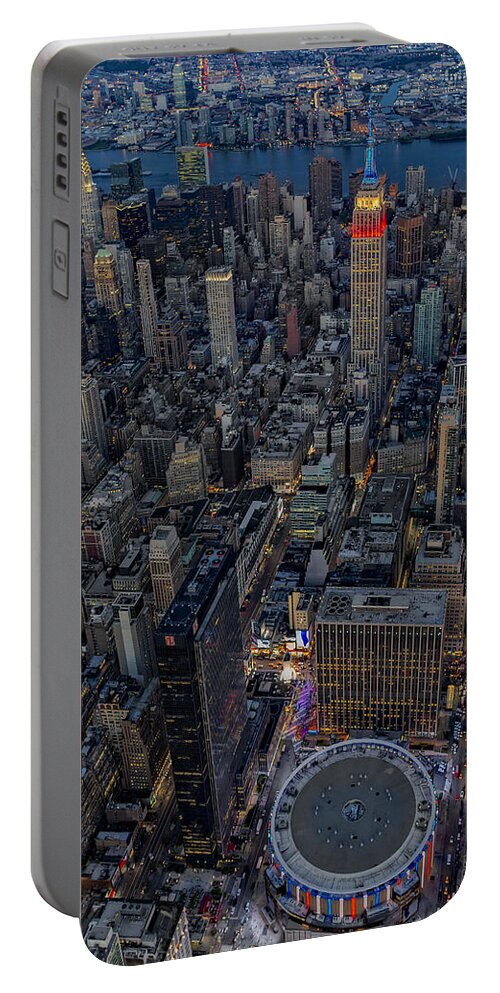 Aerial View Portable Battery Charger featuring the photograph September 11 NYC Tribute by Susan Candelario