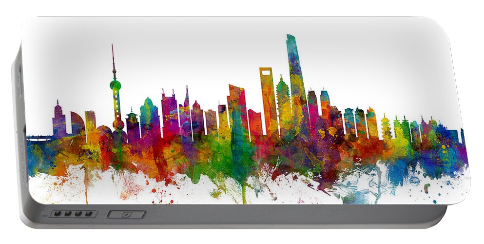 Shanghai Portable Battery Charger featuring the digital art Shanghai China Skyline #1 by Michael Tompsett