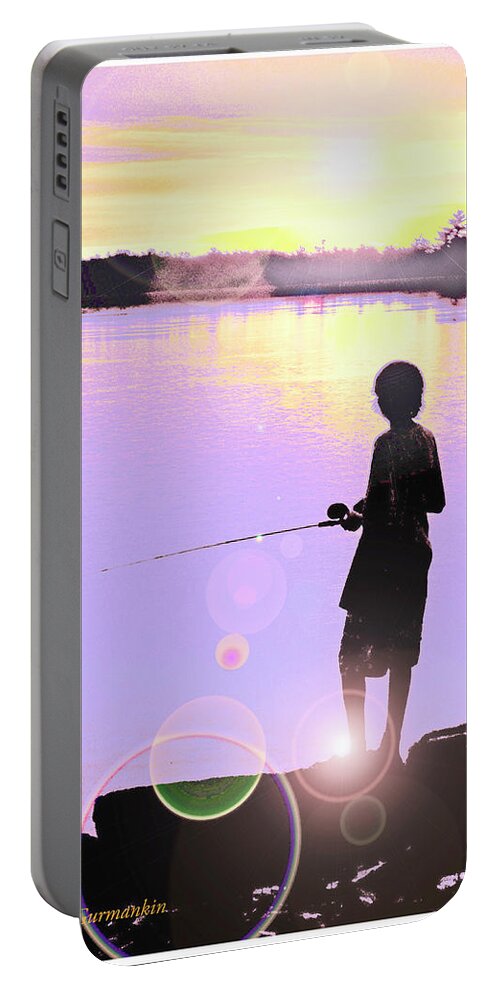 Silhouette Portable Battery Charger featuring the digital art Silhouetted Boy Fishing at Sunset #1 by A Macarthur Gurmankin