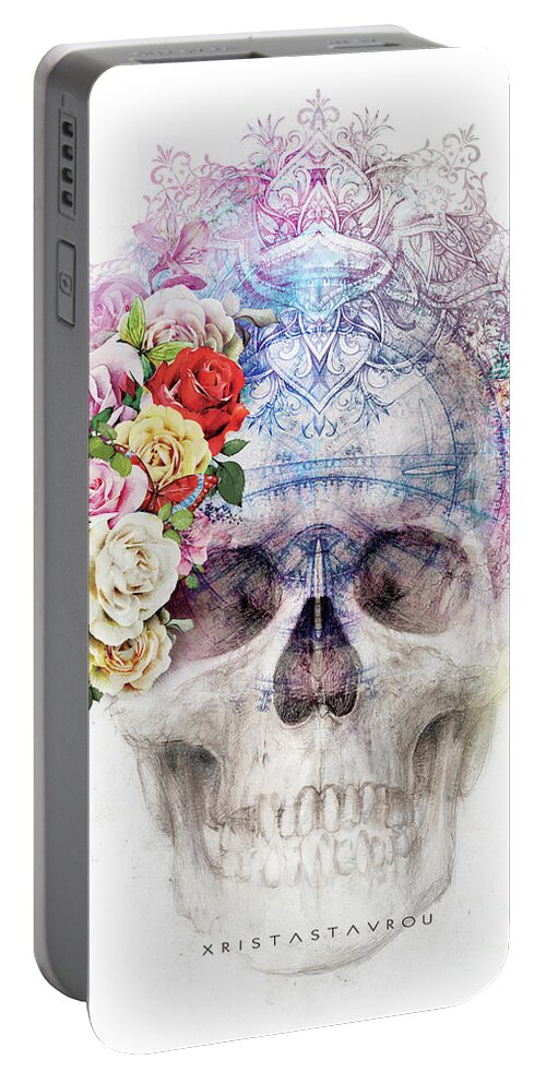 Skull Symbol Portable Battery Charger featuring the digital art Skull Queen with Butterflies by Xrista Stavrou