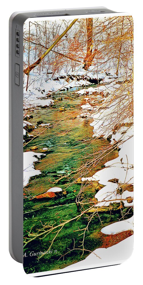 Woods Portable Battery Charger featuring the digital art Snow Covered Stream Banks Digital Art #1 by A Macarthur Gurmankin