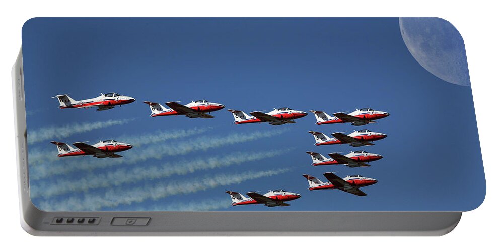Snowbirds Aerobatic Team Tutor Jets Full Moon Canadian Armed Forces Portable Battery Charger featuring the digital art Snowbirds in flight #1 by Mark Duffy