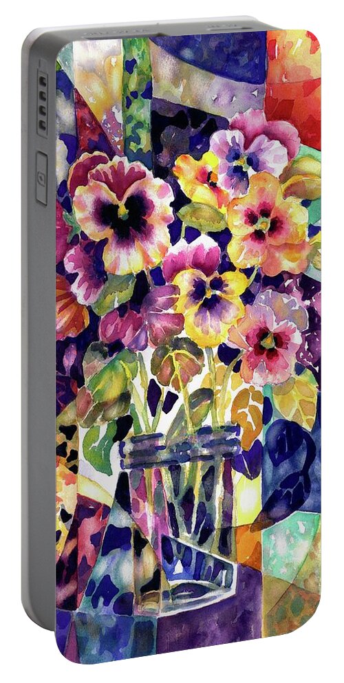 Watercolor Portable Battery Charger featuring the painting Stained Glass Pansies #1 by Ann Nicholson