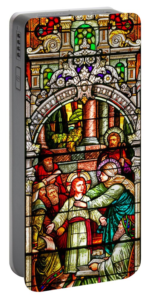 Cathedral Of The Plains Portable Battery Charger featuring the photograph Stained Glass Scene 3 Crop by Adam Jewell