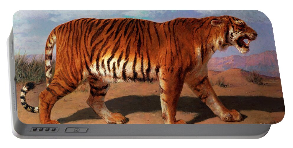 Stalking Tiger Portable Battery Charger featuring the painting Stalking Tiger #1 by Rosa Bonheur