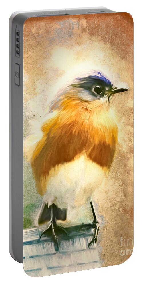 Bluebird Portable Battery Charger featuring the painting Strapping Bluebird by Tina LeCour