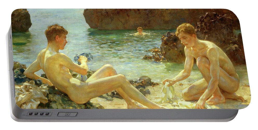 The Sun Bathers Portable Battery Charger featuring the painting Sun Bathers #1 by Henry Scott Tuke