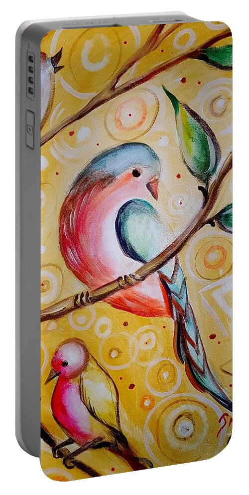Golden Reds Three Birds Perched Tree Portable Battery Charger featuring the painting Sunshine Birds by Jan VonBokel