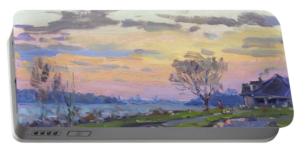 Sunset Portable Battery Charger featuring the painting Sunset after the Rain by Ylli Haruni