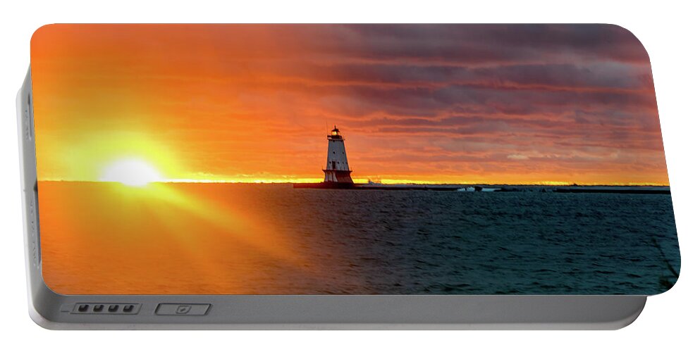 Ludington Mi Portable Battery Charger featuring the photograph Sunset and Lighthouse #1 by Lester Plank