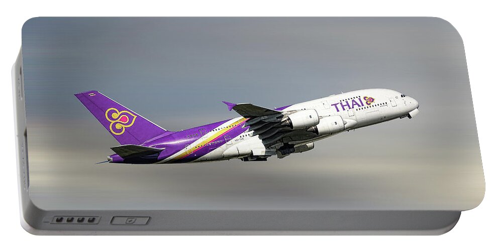 Thai Portable Battery Charger featuring the mixed media Thai Airways Airbus A380-841 by Smart Aviation