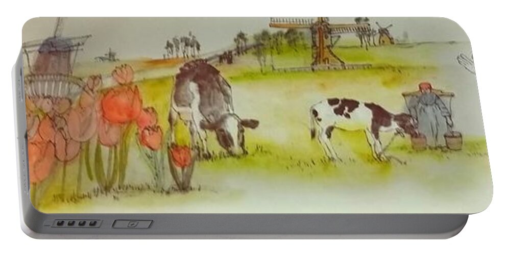 The Netherlands. Landscape. Cows. Sinterklauss. Portable Battery Charger featuring the painting the Netherlands scroll #1 by Debbi Saccomanno Chan