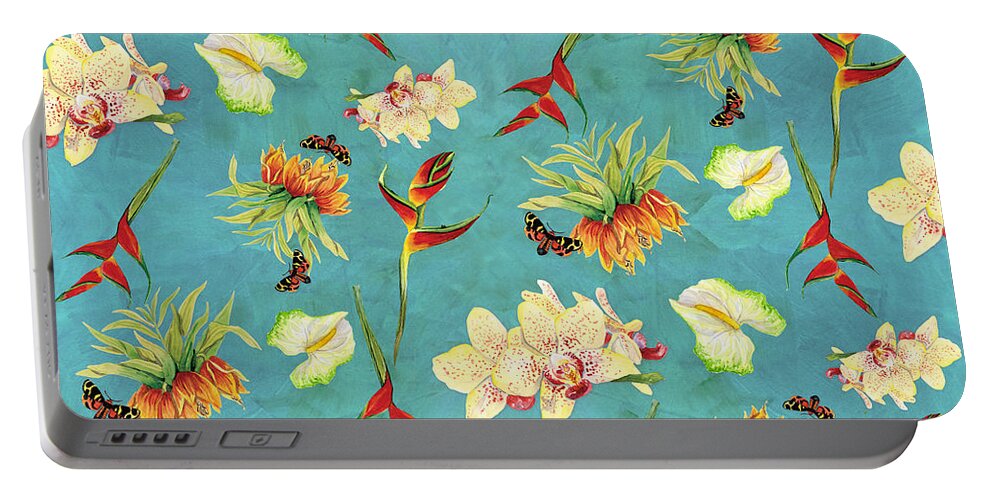 Orchid Portable Battery Charger featuring the painting Tropical Island Floral Half Drop Pattern by Audrey Jeanne Roberts