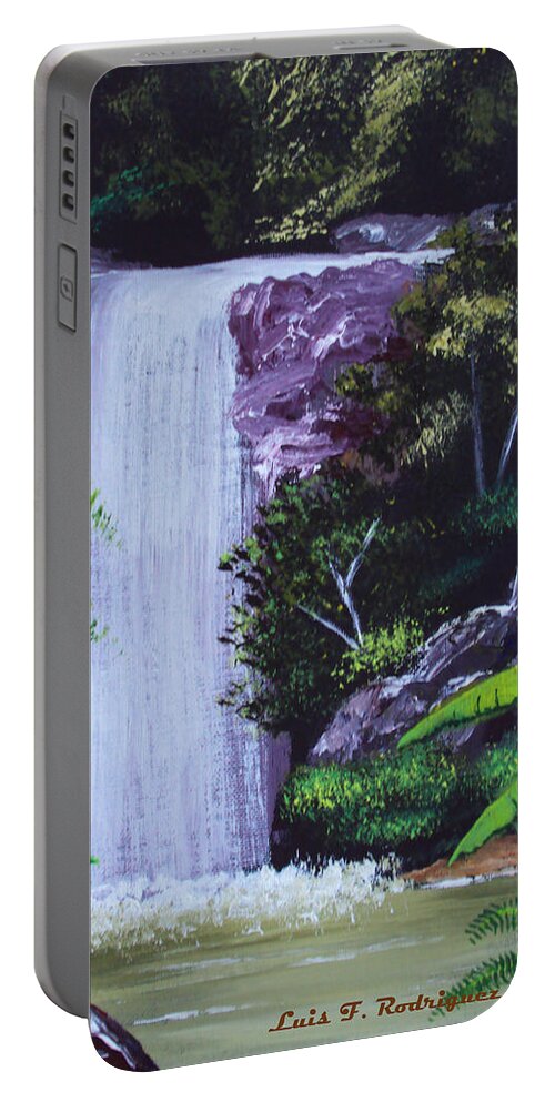 Tropical Portable Battery Charger featuring the painting Tropical Waterfall by Luis F Rodriguez