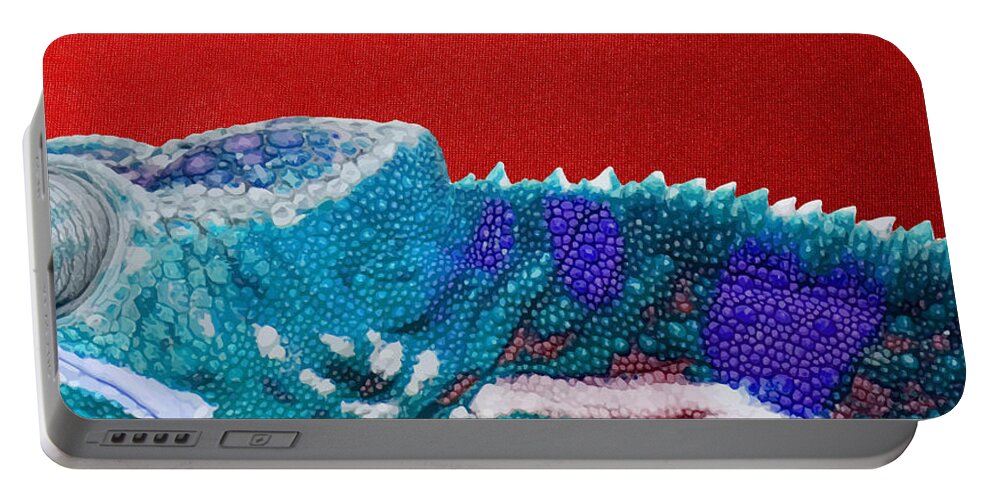 beasts Portable Battery Charger featuring the photograph Turquoise Chameleon on Red #1 by Serge Averbukh