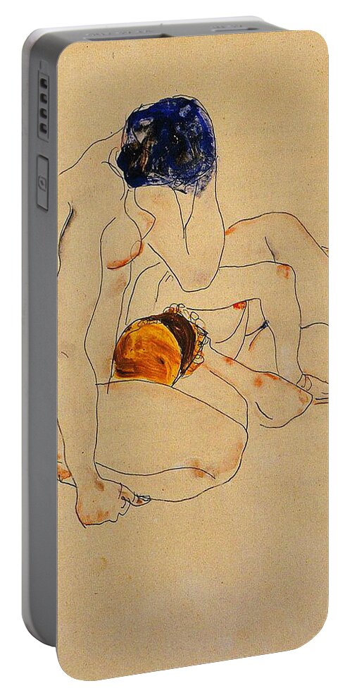 Egon Schiele Portable Battery Charger featuring the drawing Two Friends #2 by Egon Schiele