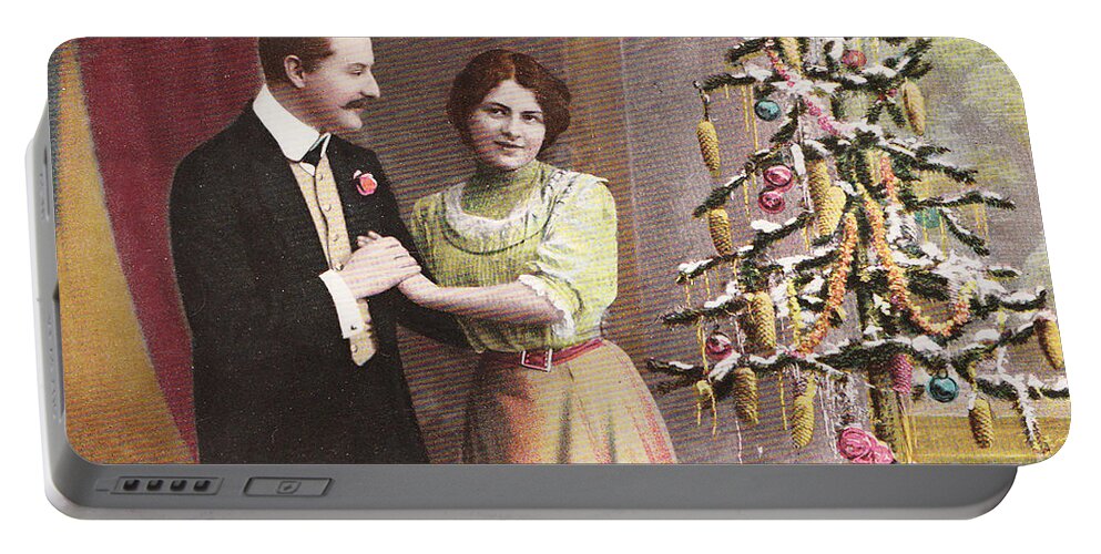 Merry Portable Battery Charger featuring the digital art Vintage German christmas postcard by Patricia Hofmeester