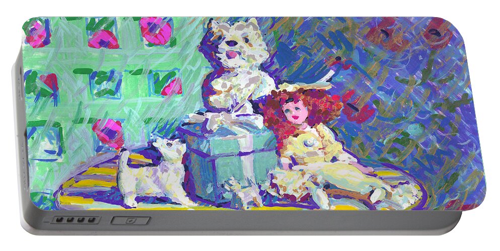 Westies Portable Battery Charger featuring the painting Westies, Tiffany and Candy #1 by Candace Lovely