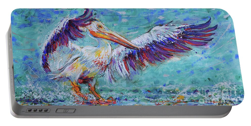  Portable Battery Charger featuring the painting White Pelican Splendid Landing by Jyotika Shroff