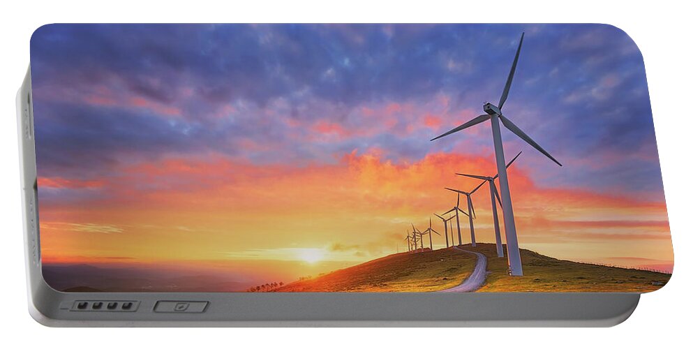 Turbine Portable Battery Charger featuring the photograph wind turbines in Oiz eolic park #1 by Mikel Martinez de Osaba