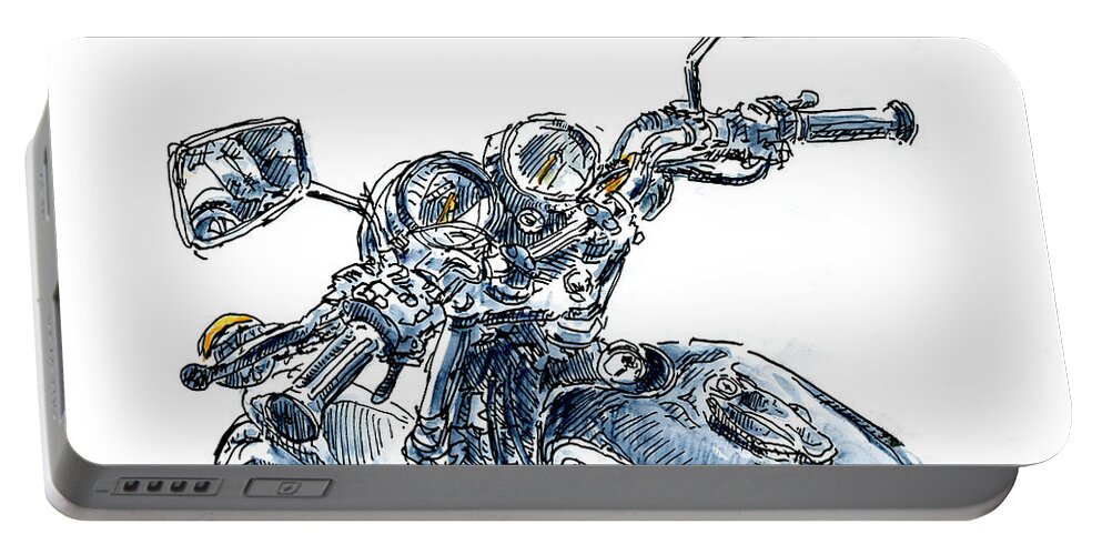 Motorbike Portable Battery Charger featuring the drawing Yamaha SR 500 Motorcycle Detail Ink Drawing and Watercolor by Frank Ramspott