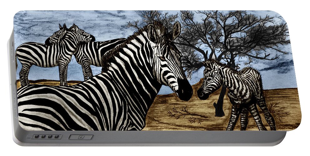 Zebra Outback Portable Battery Charger featuring the drawing Zebra Outback by Peter Piatt