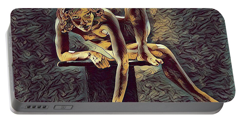 Fine Art Nude Portable Battery Charger featuring the digital art 1003s-ZAC Necklace of Bones Held by Beautiful Nude Dancer by Chris Maher