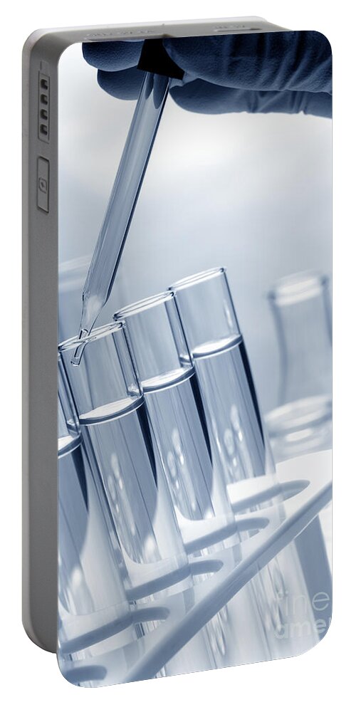 Blue Portable Battery Charger featuring the photograph Test Tubes in Science Research Lab #107 by Olivier Le Queinec