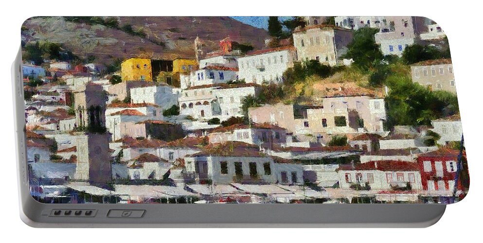 Hydra; Idra; Greece; Hellas; Greek; Hellenic; Argosaronic; Town; Village; Chora; Island; Islands; Holidays; Vacation; Travel; Trip; Voyage; Journey; Tourism; Touristic; Summer; Summertime; Traditional; Architecture; Tradition; Sea; House; Houses; Boat; Boats; Fishing; Port; Harbor; Paint; Paints; Painting; Paintings; Illustration; Illustrations Portable Battery Charger featuring the painting Hydra island #10 by George Atsametakis
