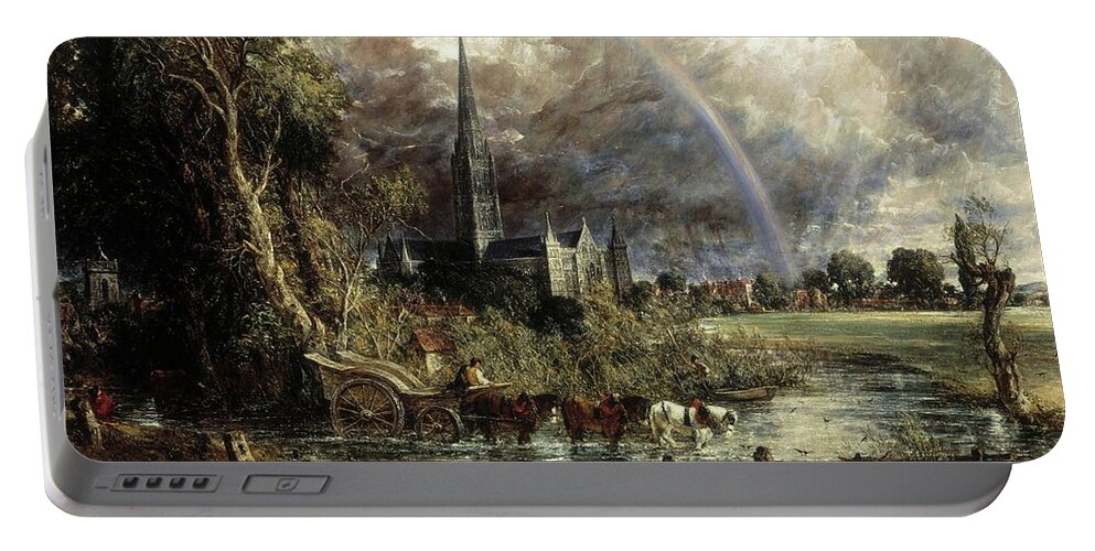 John Constable Portable Battery Charger featuring the painting Salisbury Cathedral From The Meadows by Troy Caperton