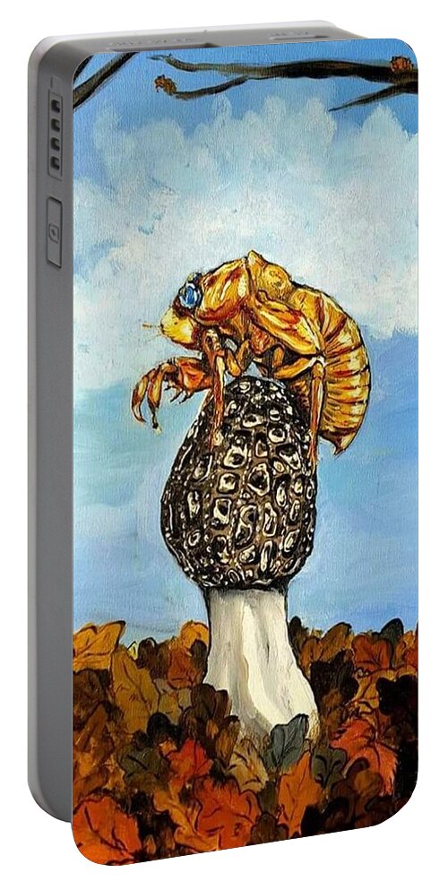 Morel Portable Battery Charger featuring the painting 17 year Cicada With Morel by Alexandria Weaselwise Busen