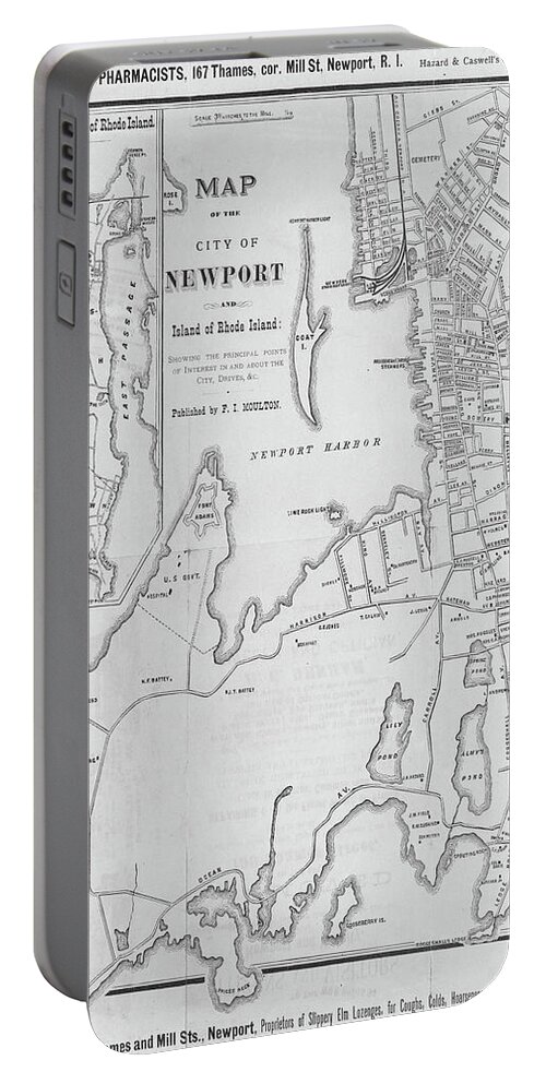 Newport Portable Battery Charger featuring the digital art 1800s Vintage map of Newport RI Rhode Island Black and White by Toby McGuire