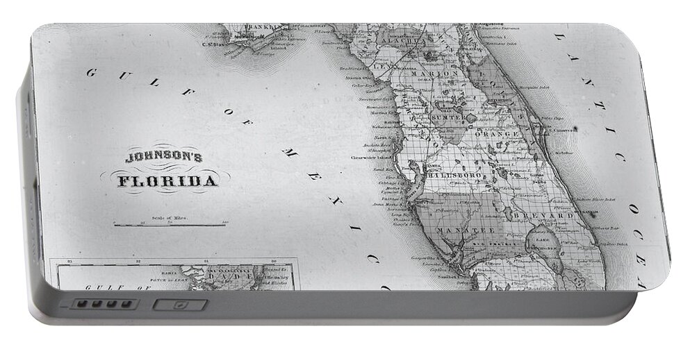 1864 Portable Battery Charger featuring the photograph 1864 Florida Map Black and White by Toby McGuire