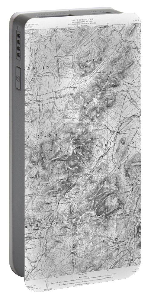 Lake Portable Battery Charger featuring the digital art 1894 Lake Placid Geological Survey Map Adirondacks Black and White by Toby McGuire
