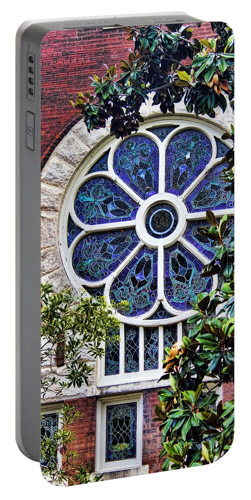 Uab Portable Battery Charger featuring the photograph 1901 Antique UAB Gothic Stained Glass Window by Kathy Clark