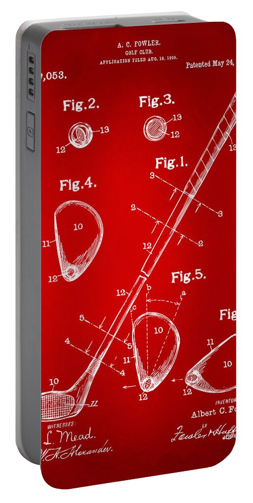 Golf Portable Battery Charger featuring the digital art 1910 Golf Club Patent Artwork Red by Nikki Marie Smith