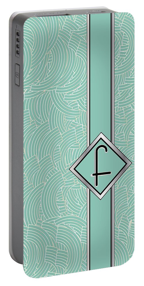 Monogrammed Portable Battery Charger featuring the digital art 1920s Blue Deco Jazz Swing Monogram ...letter F by Cecely Bloom