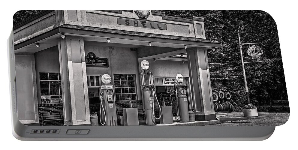 Antique Portable Battery Charger featuring the photograph 1930s Shell Gas Station BW by LeeAnn McLaneGoetz McLaneGoetzStudioLLCcom