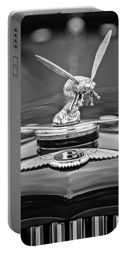 1934 Bentley 3.5-litre Drophead Coupe Hood Ornament Portable Battery Charger featuring the photograph 1934 Bentley 3.5-Litre Drophead Coupe Hood Ornament -1669bw by Jill Reger