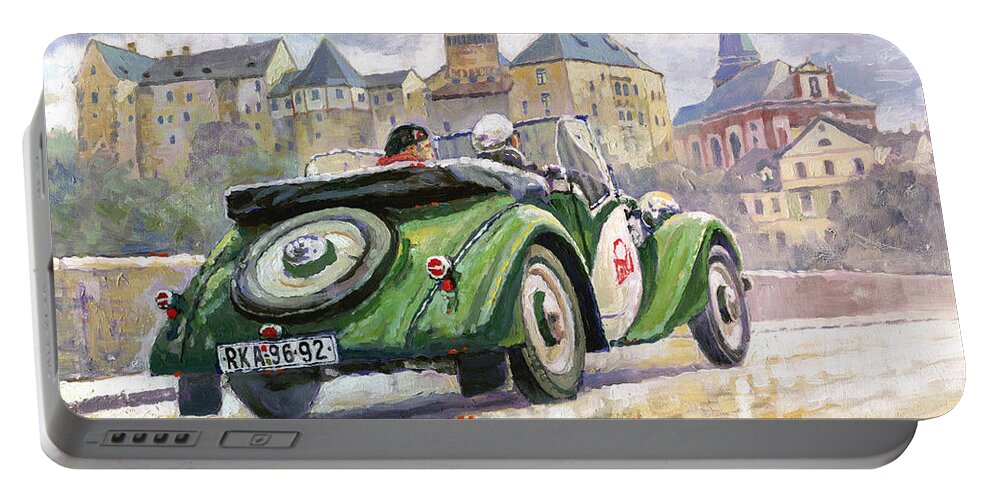 Shevchukart Portable Battery Charger featuring the painting 1936 Praga Baby roadster and Loket Kastle by Yuriy Shevchuk